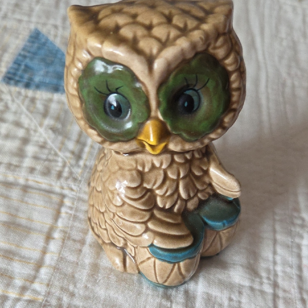 Ceramic Owl Figurine with Green and Blue Accents